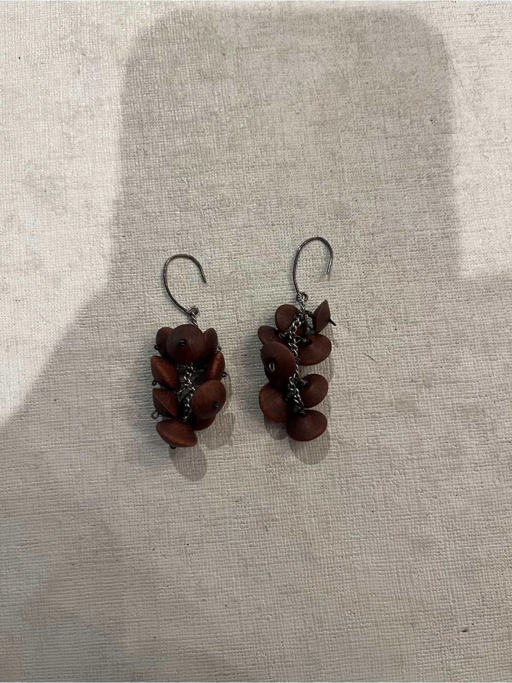 Vintage Handmade Brown Wood mushroom cap style beaded Drop Earrings.